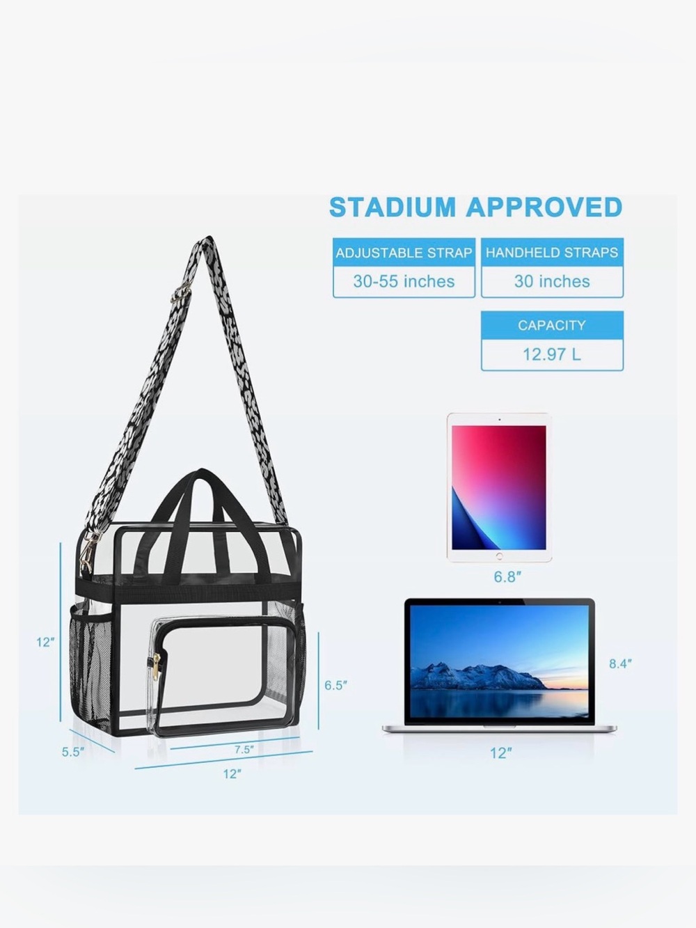 NWT Clear Stadium Approved Tote Bag Black White Crossbody Strap - Picture 3 of 8